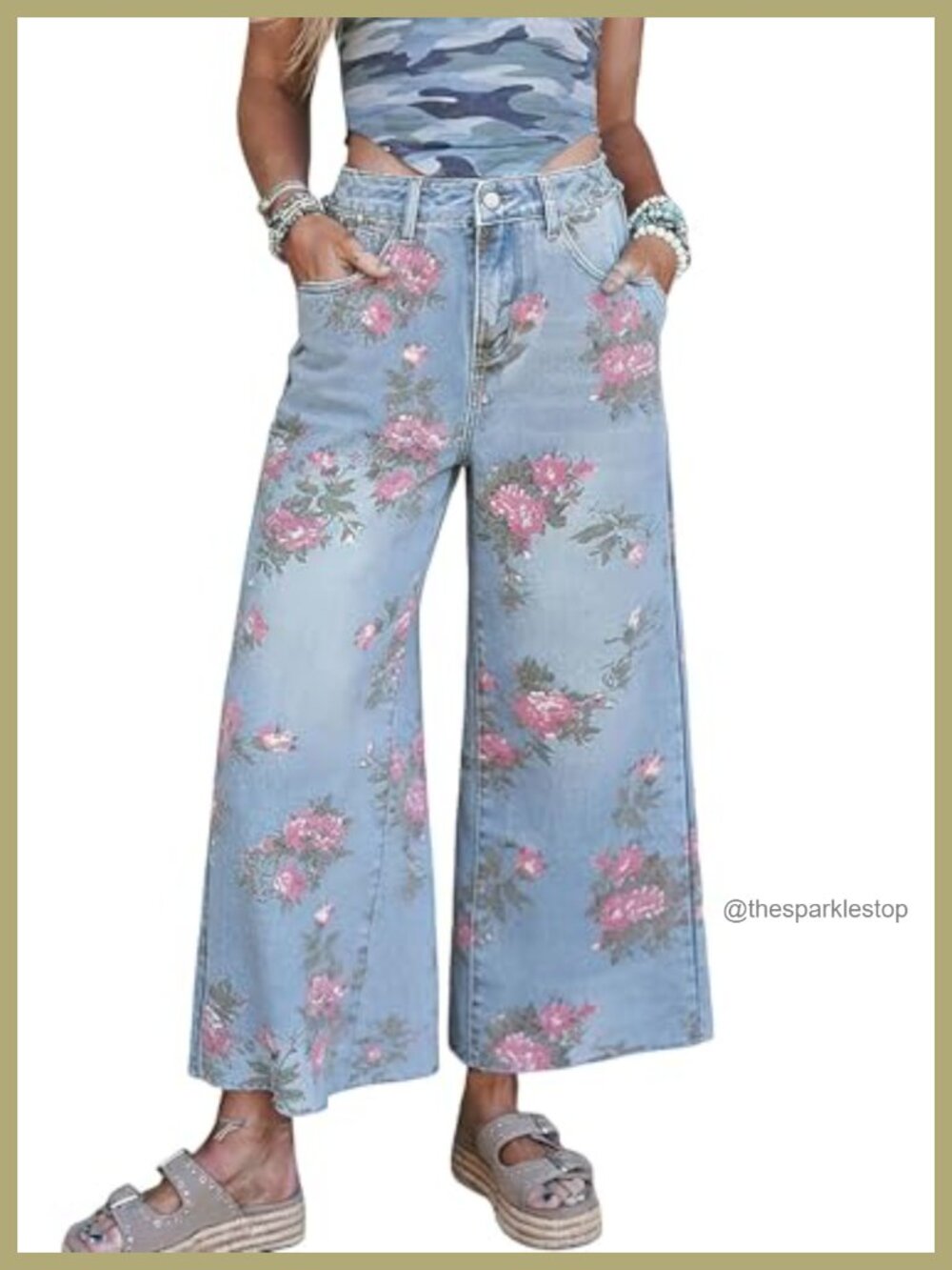 Women's Floral Denim Barrel Jeans Wide Leg Cropped Mid Rise Stretch Boyfriend